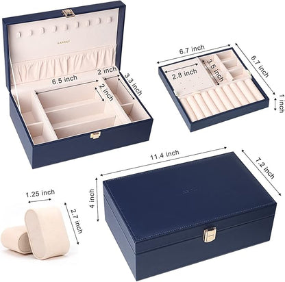 LANDICI Jewelry Box Organizer for Men Women, 2 Layer 4 Slot Watch Storage Case with Removable Tray, PU Leather Large Jeweller