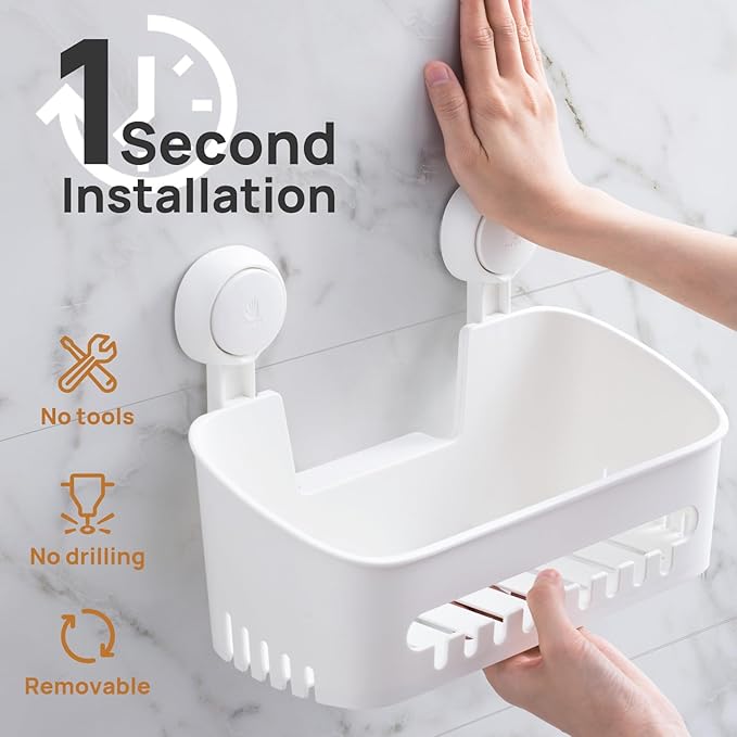 LEVERLOC Shower Caddy Suction Cup, Shower Organizer Removable Bathroom Shelf, Storage Suction Powerful Max Hold 22lbs Bathroo