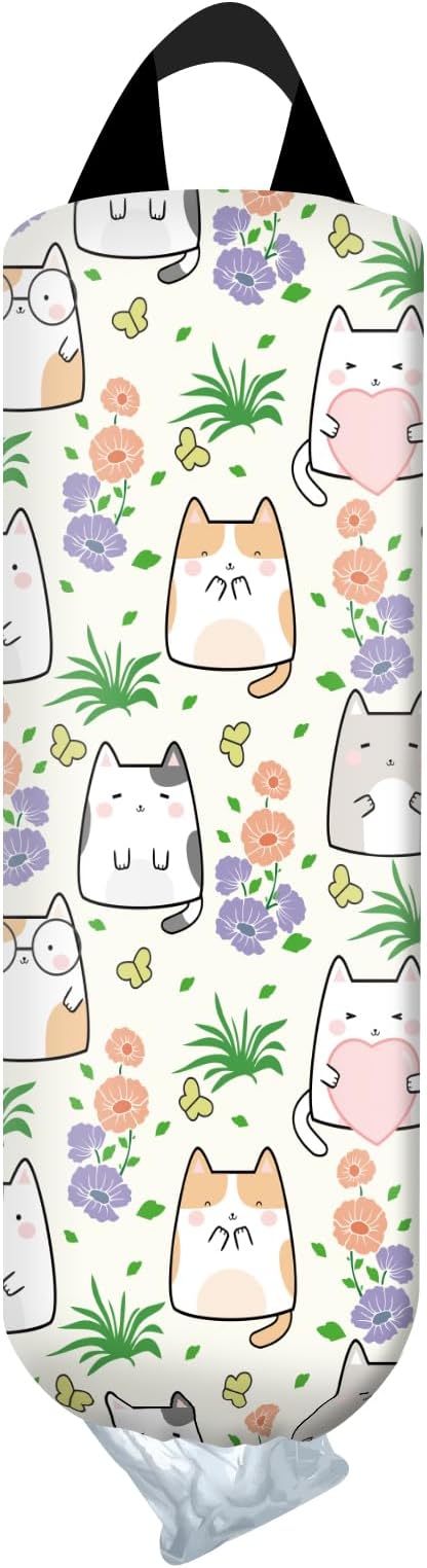 Plastic Bag Holder, Wall Mount Plastic Bag Organizer Dispenser, Reusable Grocery Bag Holder, Trash Bag Organizer for Home Kitchen Cute Cats