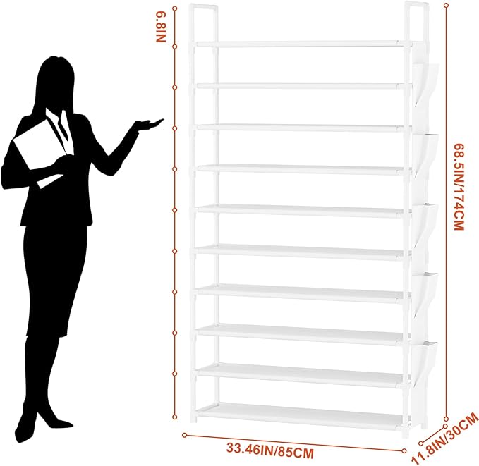 LUKYTOWER Tall Shoe Rack 10 Tier Shoe Racks Organizer for Closet 40-45Pairs,Large Capacity Storage Rack for Shoes with 5Hooks