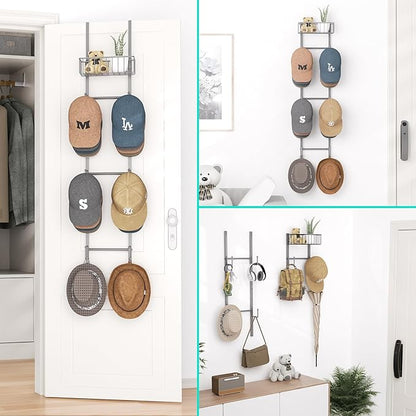 HapiRm Over Door Hat Rack - 2 Packs Wall Mounted Hat Holder with 6 Hooks and Metal Basket Design, Baseball Cap Organizer Stor