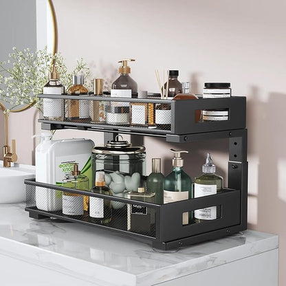 1 Pack 19IN Depth Under Sink Organizer, 2-Tier Pull Out Cabinet Organizer With Smooth Circular Rail, Large Capacity Metal Mes