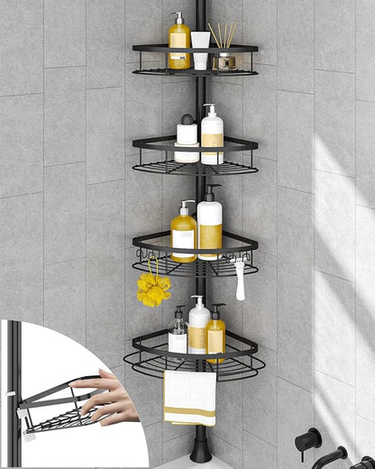 SEIRIONE Corner Shower Caddy Tension Pole, Rustproof Bathroom Shower Organizer Corner, 4-Tier Adjustable Bathroom Shelf, Soli