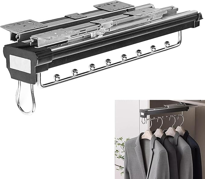 Heavy Duty Pull Out Clothes Rail - Extendable Steel Closet Rod Hanger Rack with Buffer System, Adjustable Storage Solution fo
