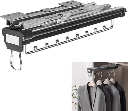Heavy Duty Pull Out Clothes Rail - Extendable Steel Closet Rod Hanger Rack with Buffer System, Adjustable Storage Solution fo