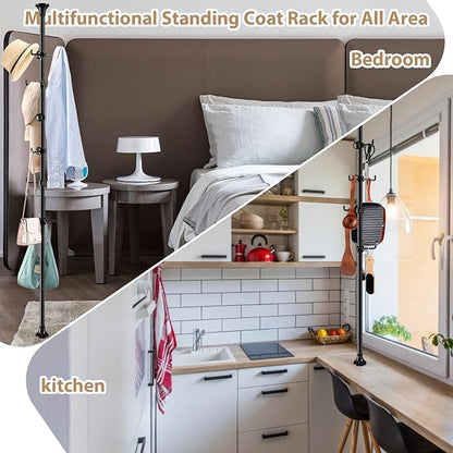 Coat Rack Freestanding, 56 to 125 inch Adjustable Tension Rod Hanger with 12 Hooks for Hanging Coat, Plant,Jacket, Hat, Scarf