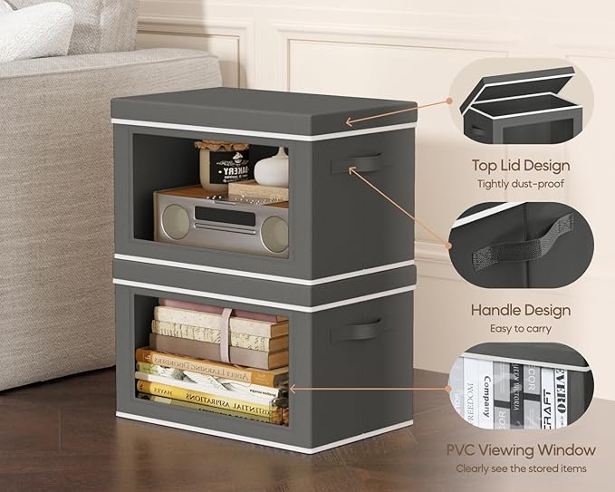 Homsorout Collapsible Storage Bins with Lids - Stackable Storage Boxes with Window, 15.7 Inch Fabric Organizing Bins for Clos