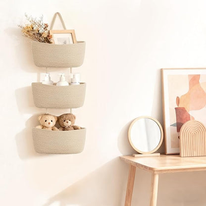 Dahey Over The Door Hanging Basket 3-Tier Woven Boho Wall Mounted Storage Organizer with Hooks for Bedroom Nursery Bathroom A