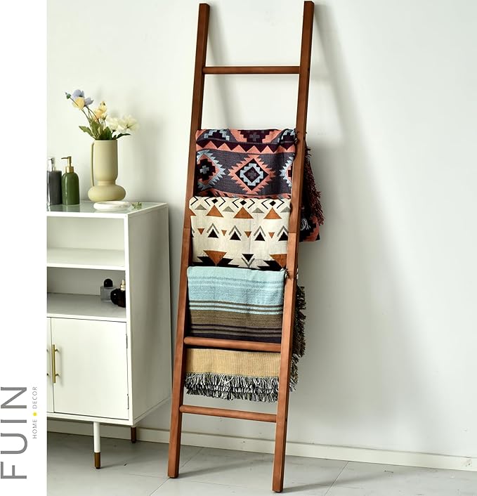 FUIN 6ft Wooden Brown Blanket Ladder Living Room Decorative Wall Leaning Farmhouse Quilt Display Holder Rustic Wood Towel Rac