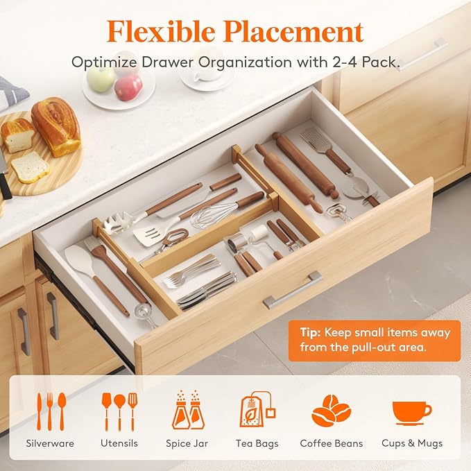 Lifewit 2.4" High 8 Pack Bamboo Drawer Dividers 33-42cm/13-16.5" Adjustable Wooden Drawer Organizer for Clothes/Utensils, Exp