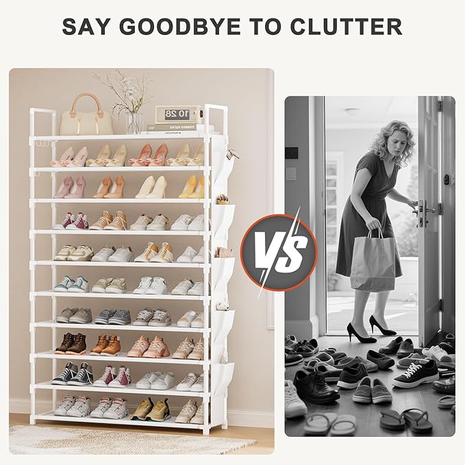 LUKYTOWER Tall Shoe Rack 10 Tier Shoe Racks Organizer for Closet 40-45Pairs,Large Capacity Storage Rack for Shoes with 5Hooks