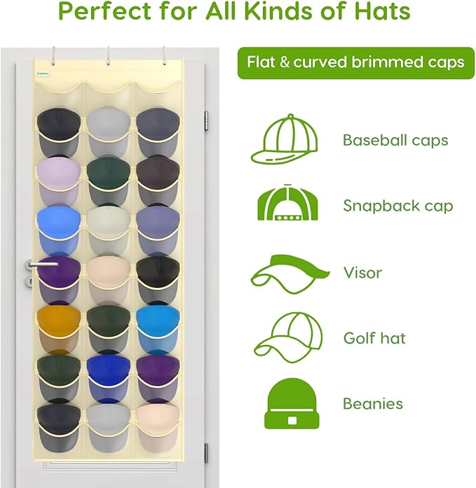 Unjumbly Baseball Hat Rack, 24 Pocket Over-The-Door Hat Organizer with Clear Deep Pockets to Display Baseball Caps Collection