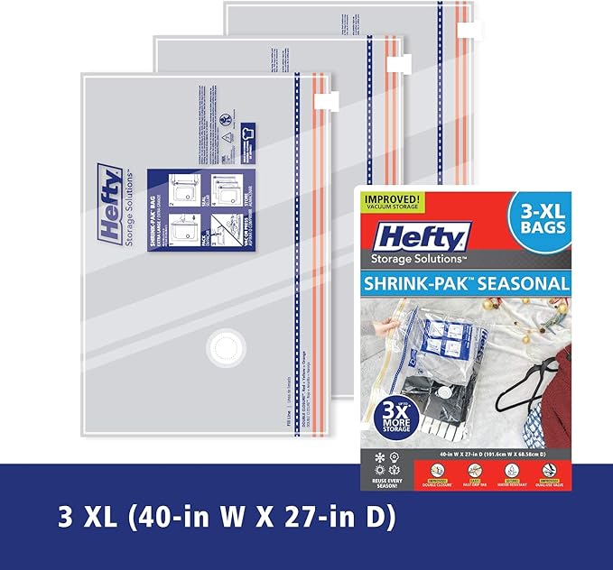 Hefty Shrink-Pak - 3 Extra Large Vacuum Storage Bags for Clothes, Pillows, Towels, or Blankets - Space Saver Vacuum Sealer Ba