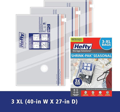 Hefty Shrink-Pak - 3 Extra Large Vacuum Storage Bags for Clothes, Pillows, Towels, or Blankets - Space Saver Vacuum Sealer Ba