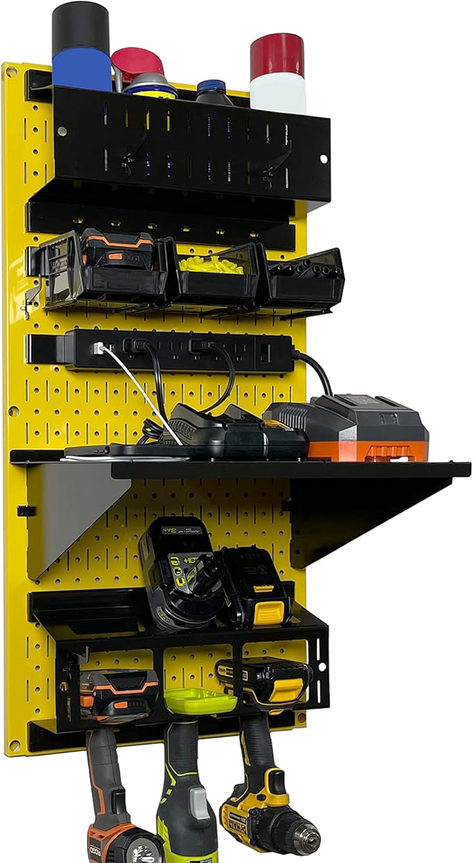 Wall Control Power Tool Storage Organizer Kit Cordless Drill Holder Charging Station Rack 16” x 32” Metal Pegboard Organizati