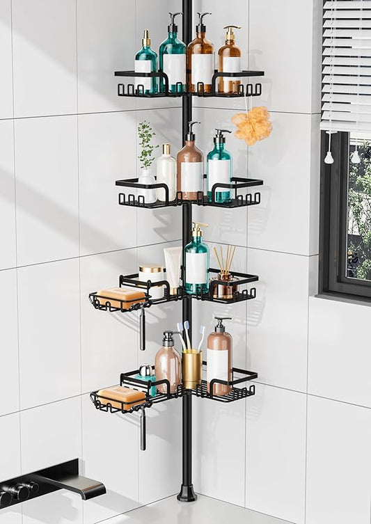 KEGII 2-in-1 Soap Holders x 2 & 32 Hooks Shower Caddy Tension Pole, Stainless Steel Adjustable Corner Shower Organizer for Ba