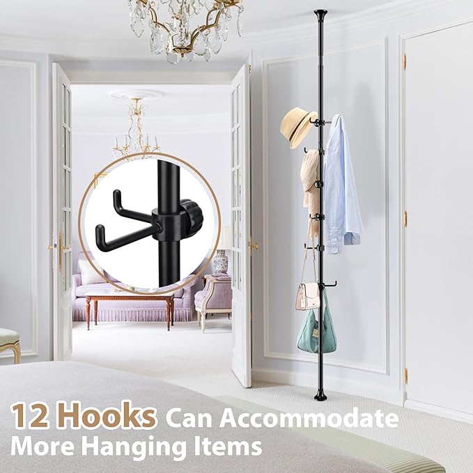 Coat Rack Freestanding, 56 to 125 inch Adjustable Tension Rod Hanger with 12 Hooks for Hanging Coat, Plant,Jacket, Hat, Scarf