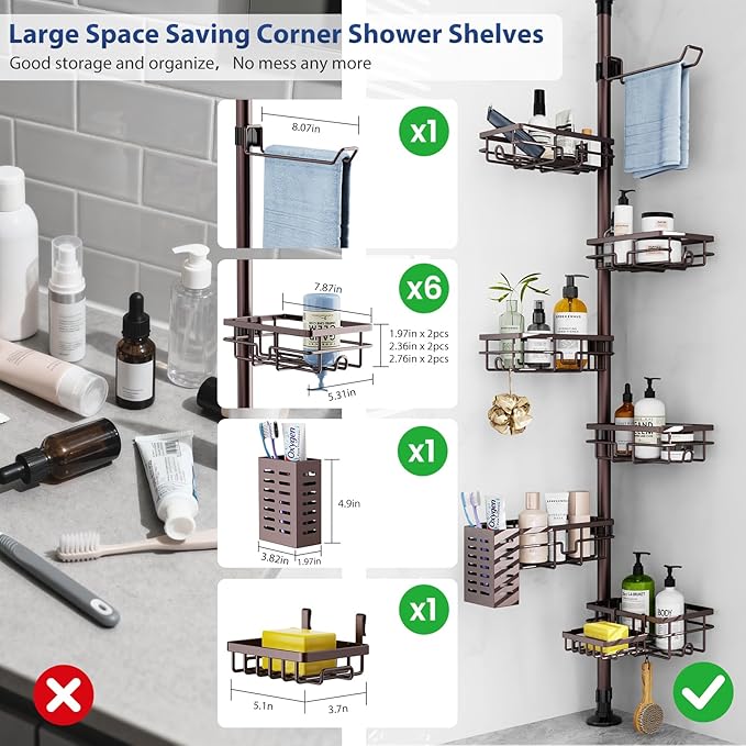Mixoo Corner Shower Caddy Tension Pole - Adjustable 30 to 120 Inch Shower Organizer with 6 Shelves, Towel Rack, Toothbrush Ho