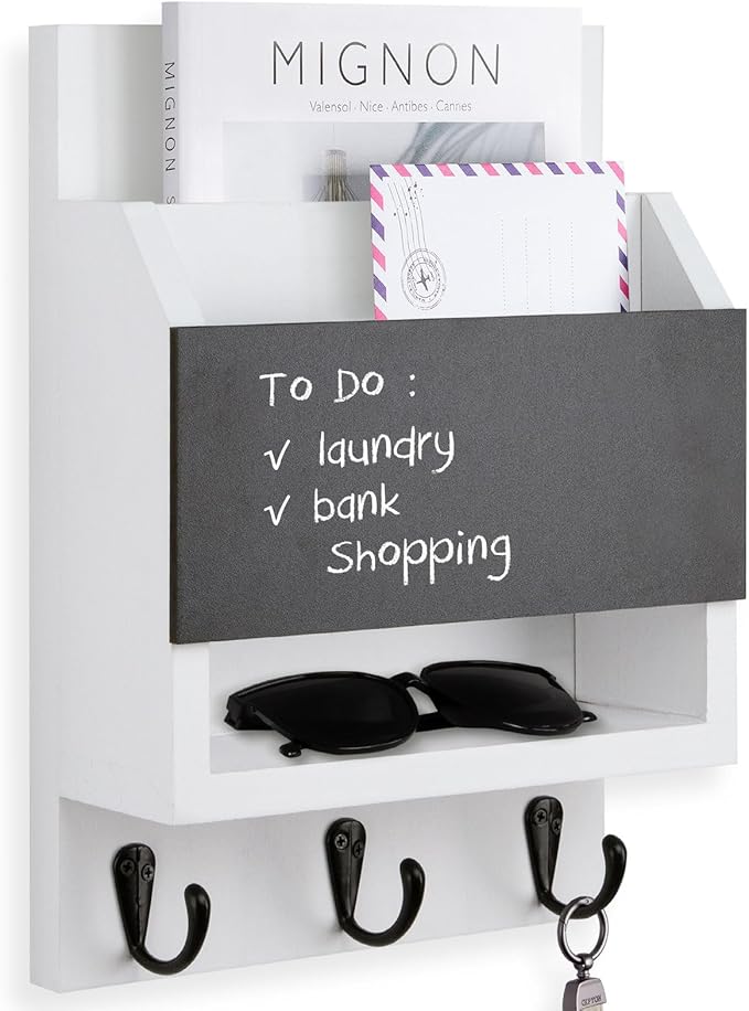 Key and Mail Holder for Wall, Key Holder with Chalkboard and Long Storage Box, Key Hanger with 3 Sturdy Hooks for Coat, Dog L
