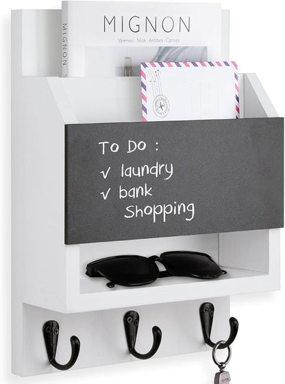 Key and Mail Holder for Wall, Key Holder with Chalkboard and Long Storage Box, Key Hanger with 3 Sturdy Hooks for Coat, Dog L