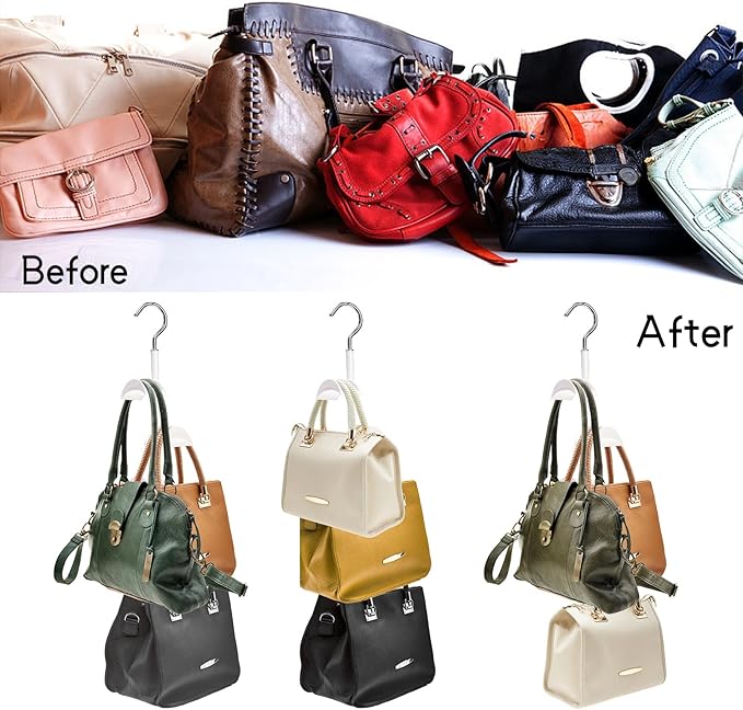 Lyellfe 3 Pack Purse Hanger for Closet, 360°Rotatable Handbag Tote Bag Hooks, Space Saving 4 in 1 Bag Hanging Organizer for B