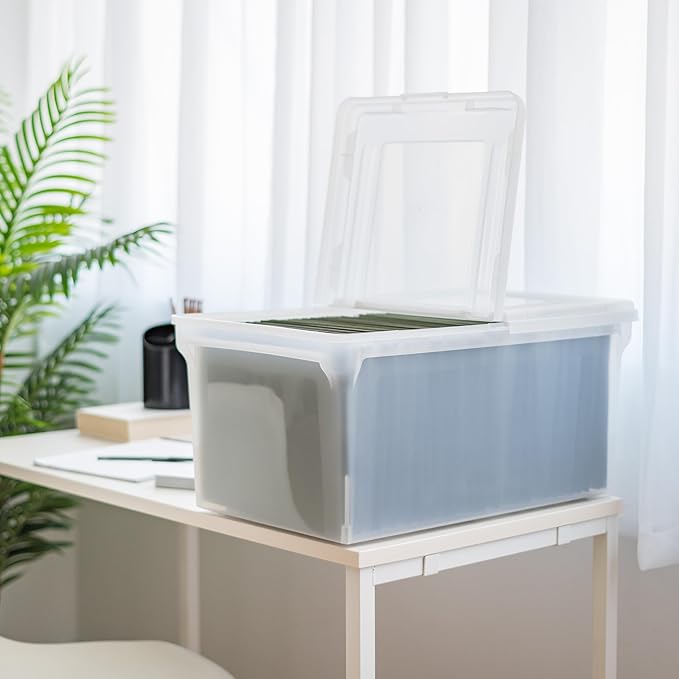 IRIS USA File Box, File Organizer w/Hinged Split Lid for Letter File, Important Document Box, Plastic Storage Filing Bin for 