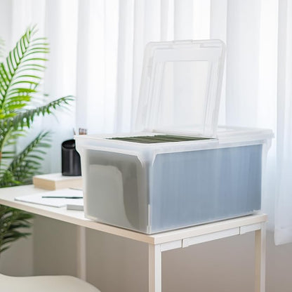IRIS USA File Box, File Organizer w/Hinged Split Lid for Letter File, Important Document Box, Plastic Storage Filing Bin for 