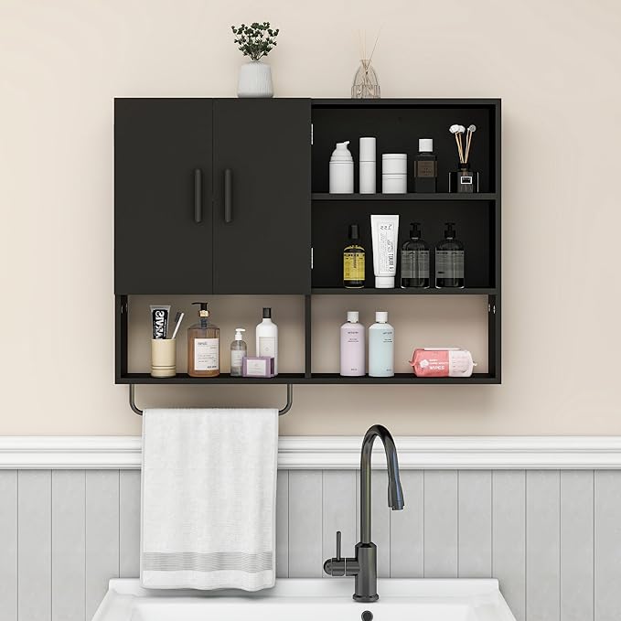 Medicine Cabinet, Wooden Bathroom Wall Cabinet with 2 Doors, Adjustable Shelves & Towel Bar, Over Toilet Storage Cabinet Wall