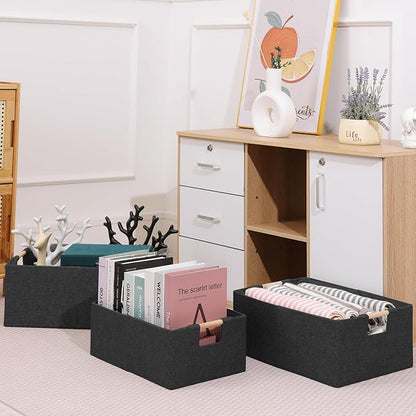 ANMINY 4PCS Storage Bins Set Large Foldable Cotton Linen Fabric Storage Baskets Box with Wood Handles Decorative Shelf Cube C