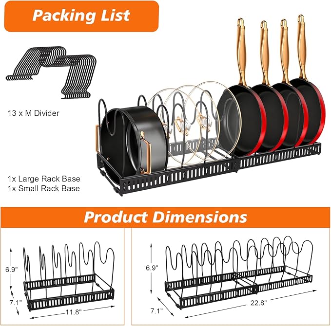 2 Pack Expandable Pot and Pan Organizer (11.8"-23") for Kitchen Cabinet - Under Sink Storage Rack with 13 Adjustable Dividers for Lids, Baking Sheets - Black & White, Tool-Free Assembly