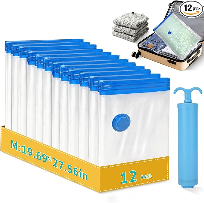 12 Pack Medium Travel Vacuum Storage Bags, Portable Vacuum Seal Bags for Clothing Travel with Pump, Space Saver Bag for Lugga