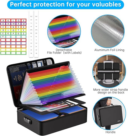 ENGPOW 5200℉ Soft Case Fireproof Document Box with Lock,Fireproof Box with 25 Colorful Pocket Accordion File Folder,Fireproof