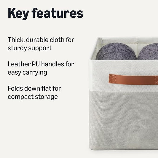 Amazon Basics Collapsible Storage Bins with Faux Leather Handles, Foldable Organizing Containers for Closet, Clothes, Toys, L
