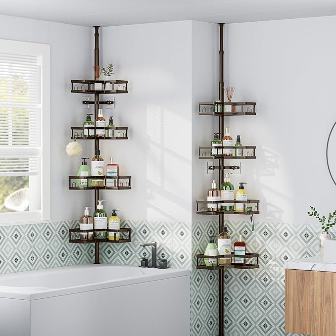 HEVEL Corner Shower Caddy Tension Pole, 4 Tier Adjustable Shower Organizer Corner 62-115 Inch, Rustproof Bathroom Shower Shel