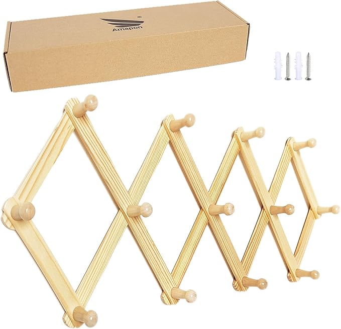 AMAPON Accordion Style Expandable Wall Wooden Coat Rack 13 Hooks (Pegs) Hang Hats Jackets Coffee Mug Purses Necklaces Towels 
