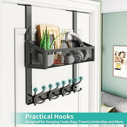 HapiRm Over The Door Hooks - Easy Installation Door Hanger with Basket and 16 Hooks, 304 Stainless Steel Storage Organizer fo