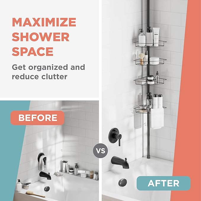 Zenna Home Tension Pole Shower Caddy Corner Organizer, Adjustable Standing Shower Caddy with 4 Baskets, Rust Resistant Bathro