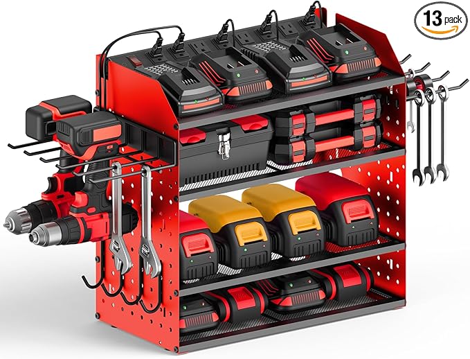 CCCEI Modular Desk Power Tools Organizer with Charging Station, 4 Layer Drills Battery Storage Wall Mount, Garage Shop Organi