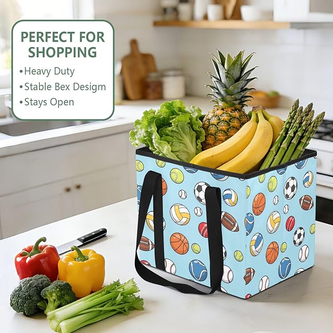 Sports Balls Pattern Reusable Grocery Bags Large Shopping Tote Bag with Reinforced Bottom Board, Water Resistant Foldable Sto