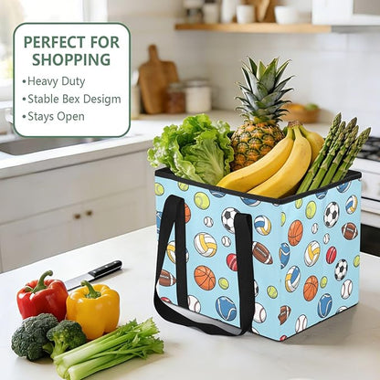 Sports Balls Pattern Reusable Grocery Bags Large Shopping Tote Bag with Reinforced Bottom Board, Water Resistant Foldable Sto