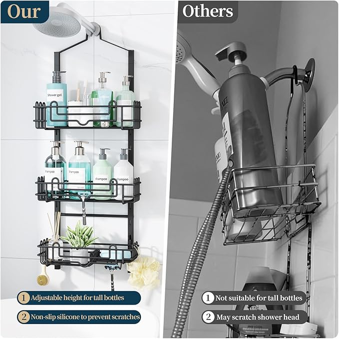 Consumest Shower Caddy Hanging – Rustproof Over Shower Head Hanger with Soap Holder and Hooks, Anti-Slip Shower Shelves for S