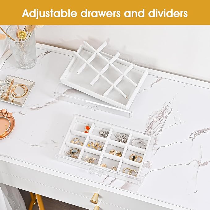 ProCase Earring Holder Organizer Jewelry Box with 3 Drawers, Acrylic Clear Earring Case with Adjustable Velvet Trays for Wome