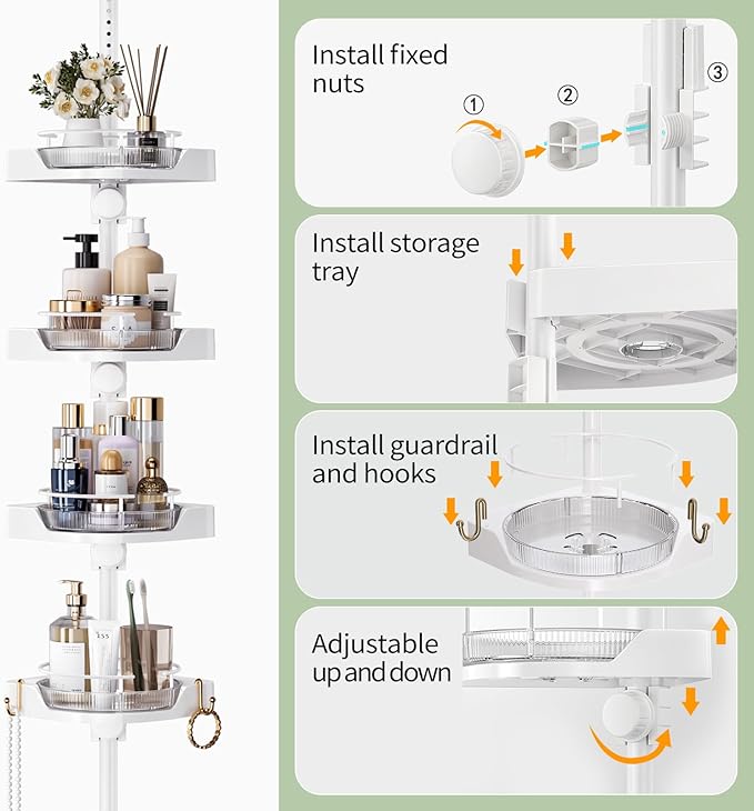 Shower Caddy Tension Pole with 4 L-Lazy Susan Organizer 360 Rotating 35-128 Inch No Drilling Floor Standing Shelves Adjustabl