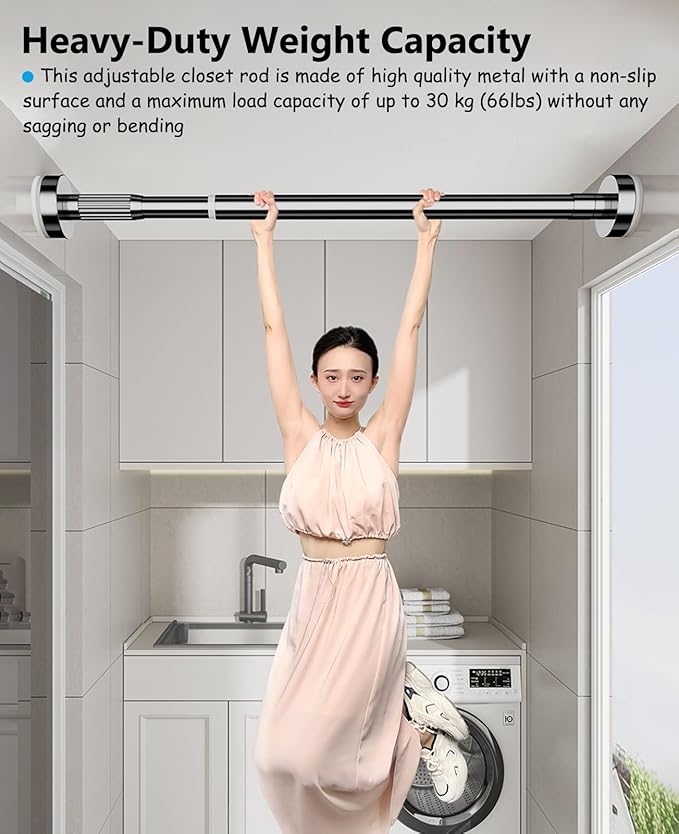 Adjustable Telescopic Closet Rod - No Drill Pressure Mount Wardrobe Hanging Bar, Space-Saving Extendable Clothes Rail (White,