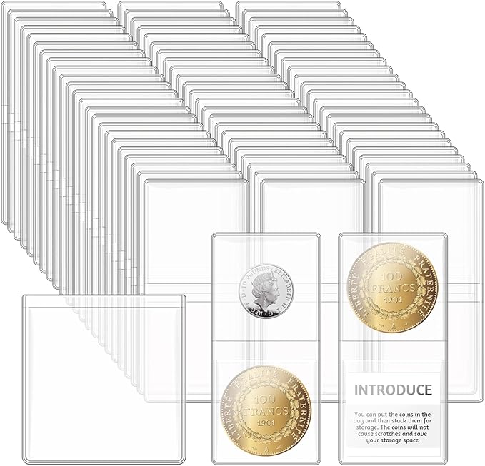 Vmiapxo 200 Pack Double Pocket Coin Flips, 2x2 Inch Clear Plastic Coin Sleeves for All Coins, Jewelry, Rings Earrings Gemstones Collection Supplies & Protectors (Double Rectangular)
