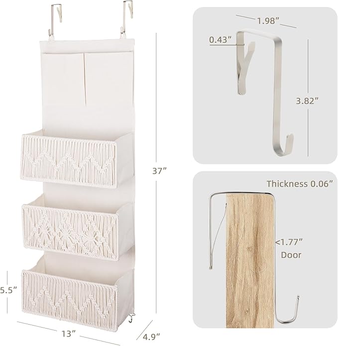 ANTIS'S HOME Over The Door Organizer Boho Bedroom Decor Nursery Storage with 3 Large Woven Pockets, Macrame Nursery Organizer
