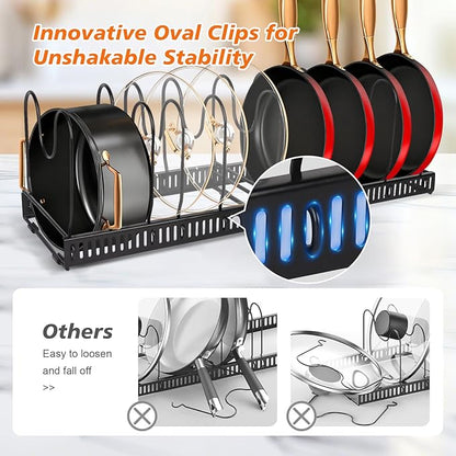 2 Pack Expandable Pot and Pan Organizer (11.8"-23") for Kitchen Cabinet - Under Sink Storage Rack with 13 Adjustable Dividers for Lids, Baking Sheets - Black & White, Tool-Free Assembly