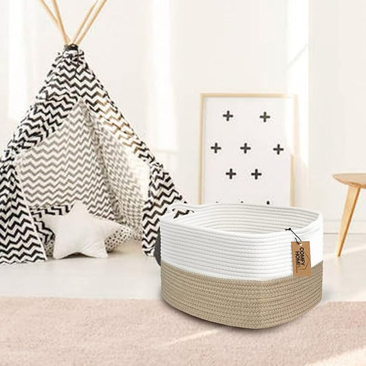 COMFY-HOMI Cotton Rope Woven Basket with Handles for Shelves,Toys,Book, Cloth Storage Baskets Bin for Organizing-13.5"x11"x9.