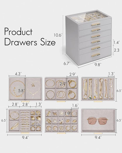 Vlando 6 Layer Jewelry Box for Women, Glass Lid Jewelry Organizer with 6 Drawers for Necklaces Rings Earrings Bracelets - Gre