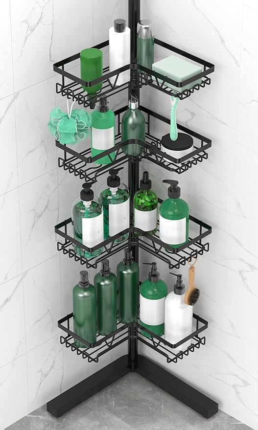 Standing Shower Caddy Corner - 4-Tier Floor Shower Caddy Corner Adjustable Bathroom Organizers and Storage with Soap Holder &